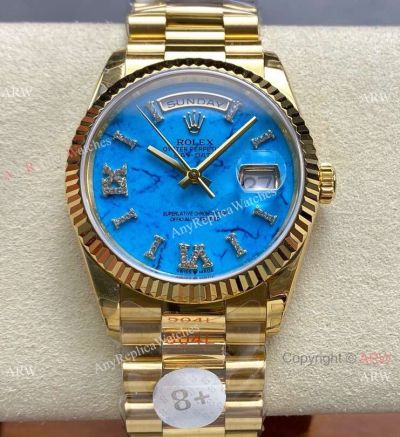 8+ Factory Rolex 36 'Gain Weight' DayDate Gold-Turquoise blue Replica Watch
